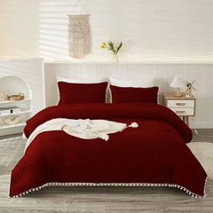 Cotton Duvet Cover Set With Pom Poms  -
