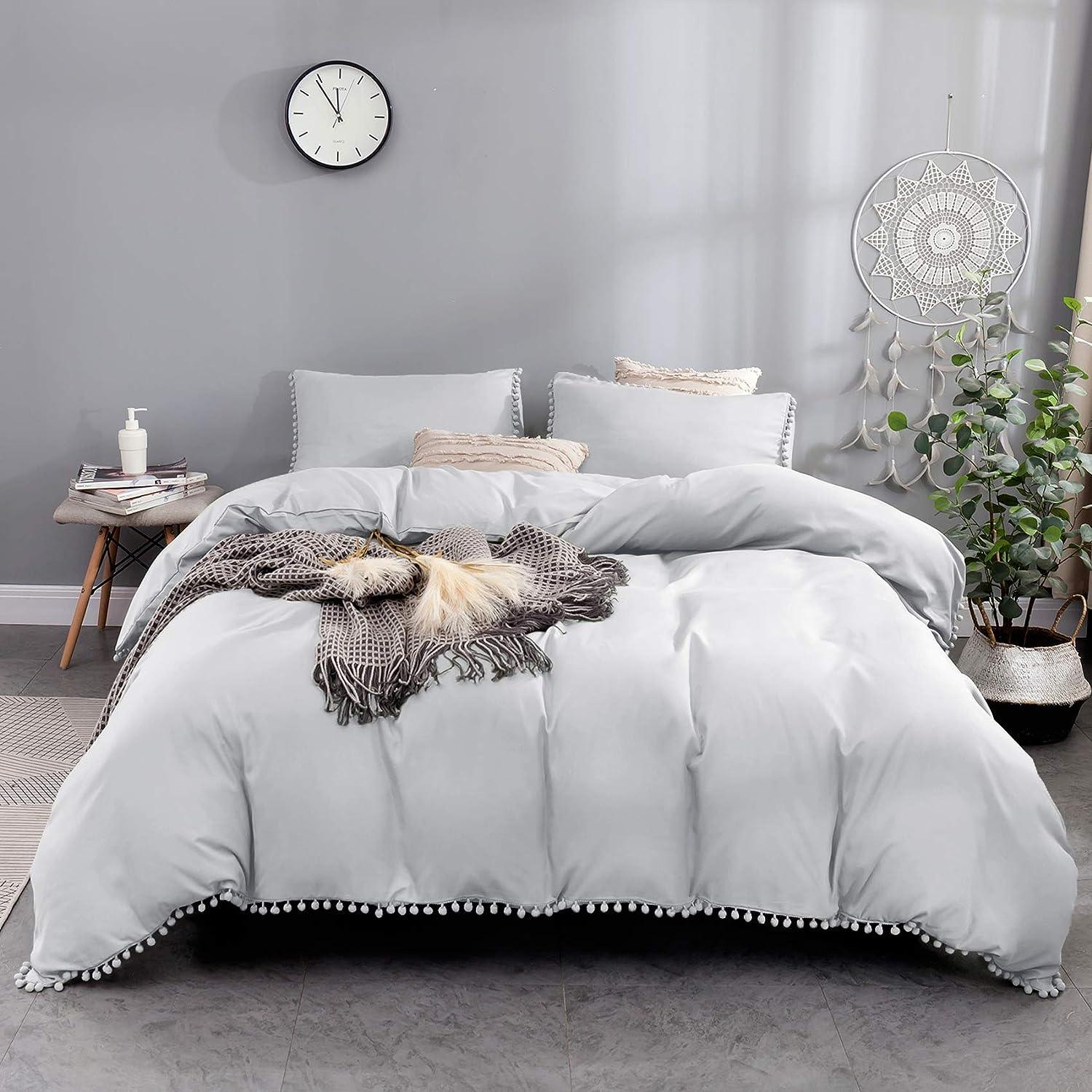 Luxury Cotton Satin Pom Fringe Duvet Cover Set - Silver - 99 Bedding Store