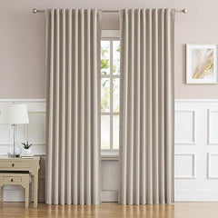 2 PC Plain Dyed Eyelet Curtains with lining-Light Beige - 99 Bedding Store