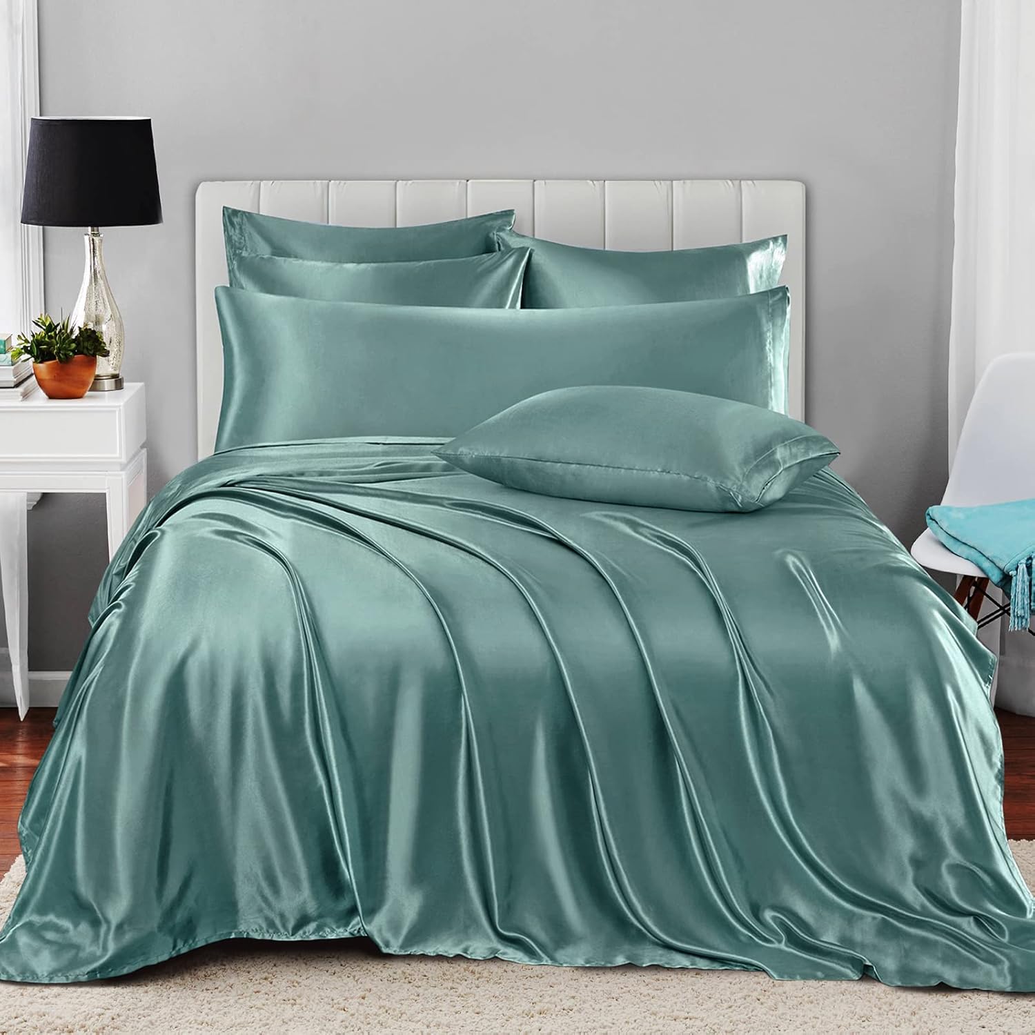 Luxury Cotton Satin 6 Pcs Flat Fitted sheet and Duvet Cover Set -