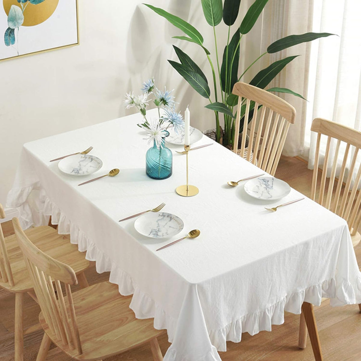 Decorative Cotton Tablecloth - White With Frilled Bordered