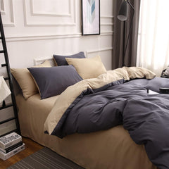 Plain Dyed Reversible Cotton Duvet Cover Set -Dark Grey & Khaki - 99 Bedding Store