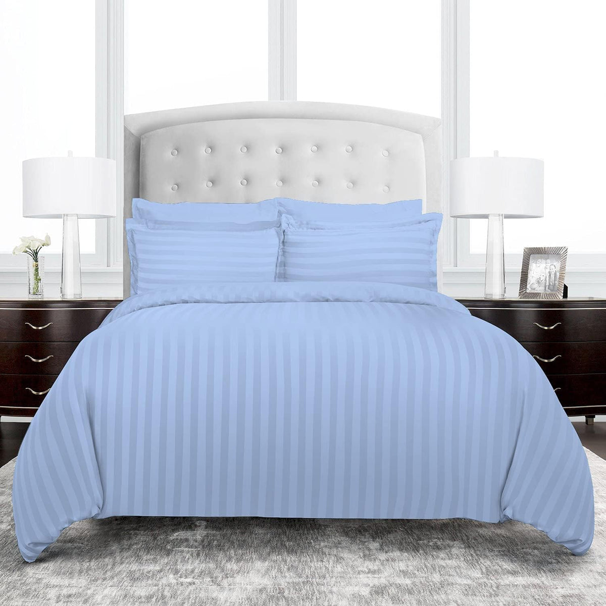 Luxury100% Egyptian Cotton Satin Stripe Duvet Cover Set -Sky Blue - 99 Bedding Store