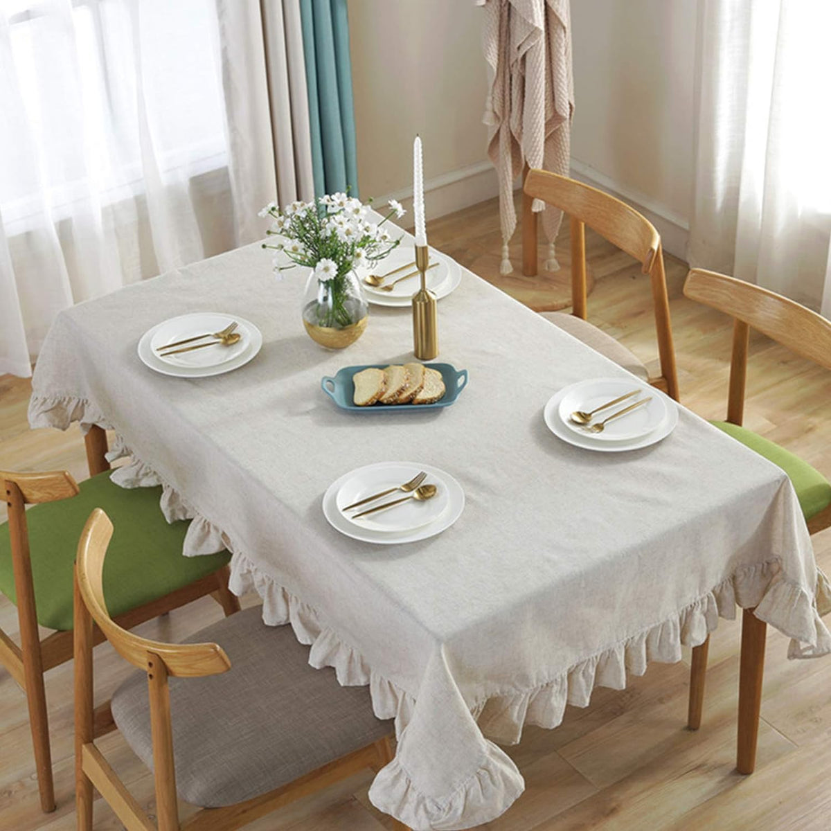 Decorative Cotton Tablecloth - Dove White With Frilled Bordered