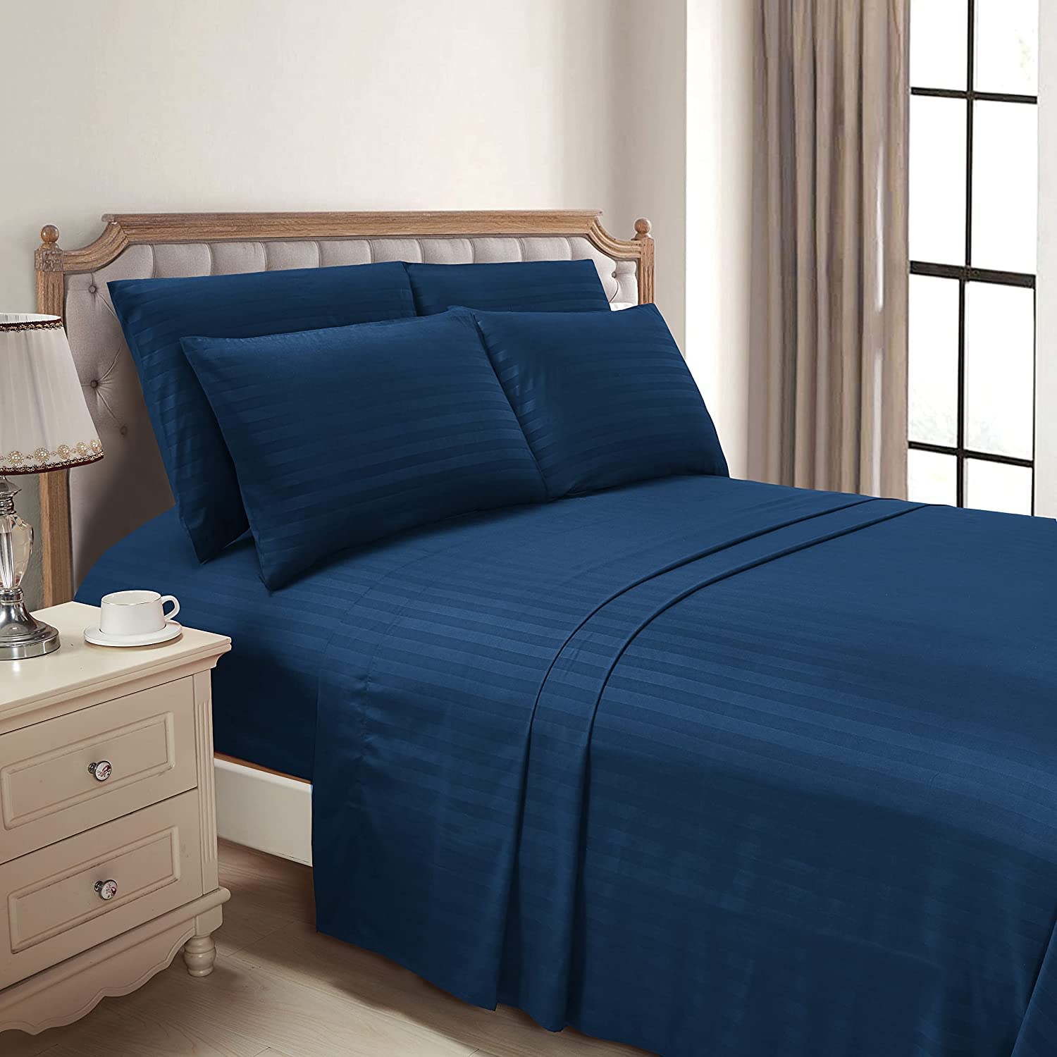 Luxury Strip Satin Bed sheet Set - Navy Blue - 99 Bedding Store