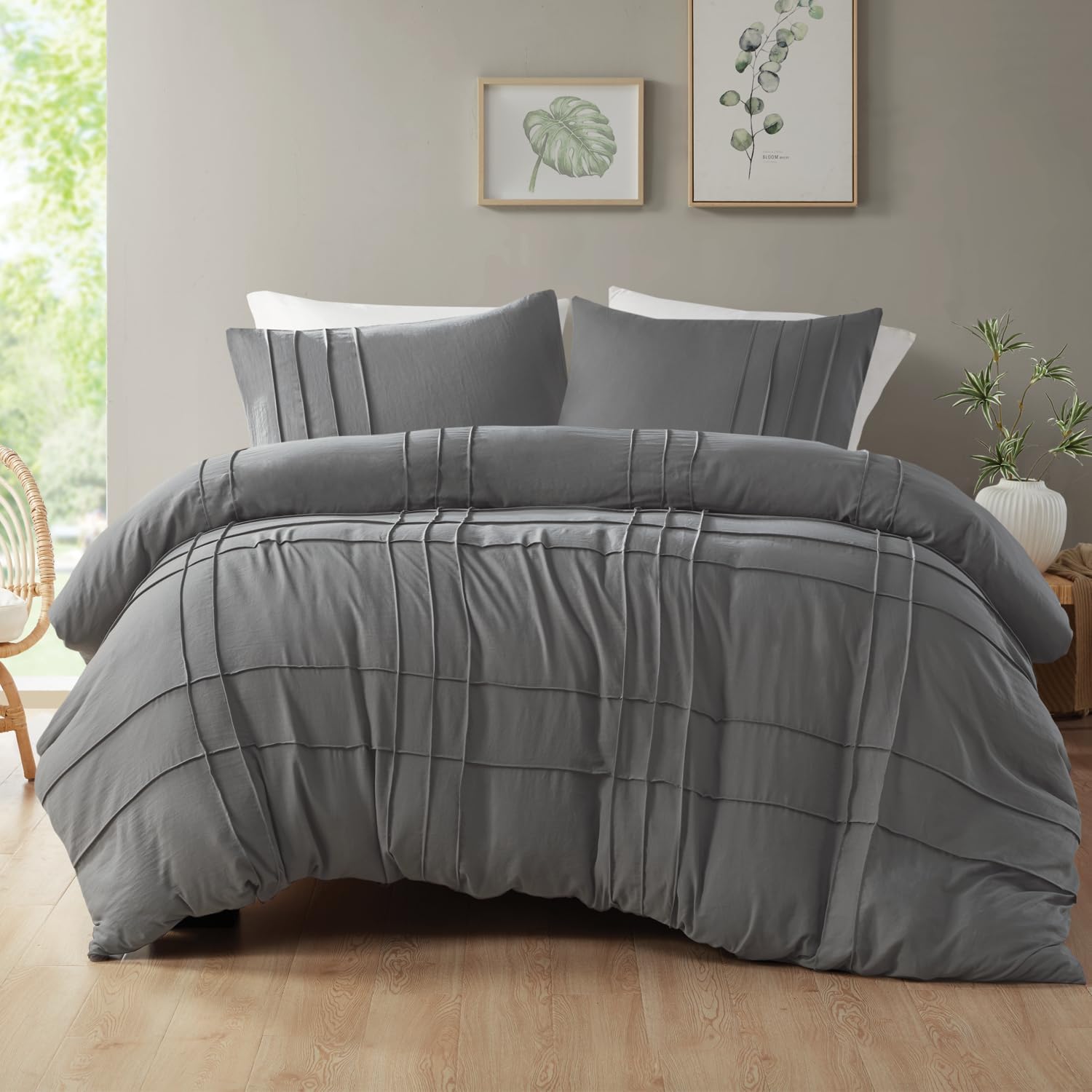 Luxury Coton Box Pleats Duvet Cover Set - Dark Grey