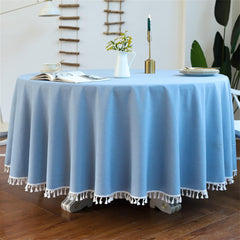 Cotton Satin Decorative Round Tablecloth With Tesals- Blue