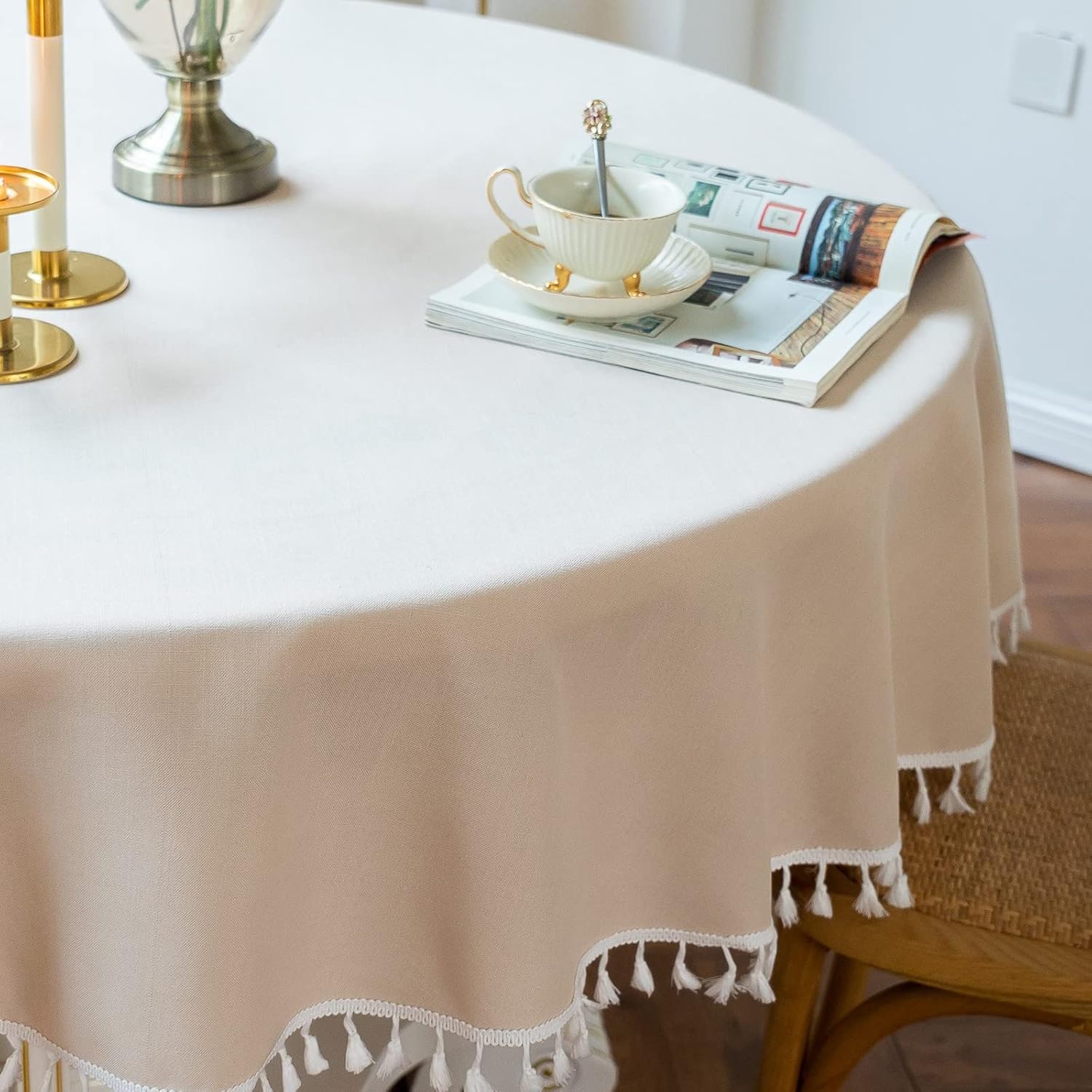 Cotton Satin Decorative Round Tablecloth With Tesals- Light Beige