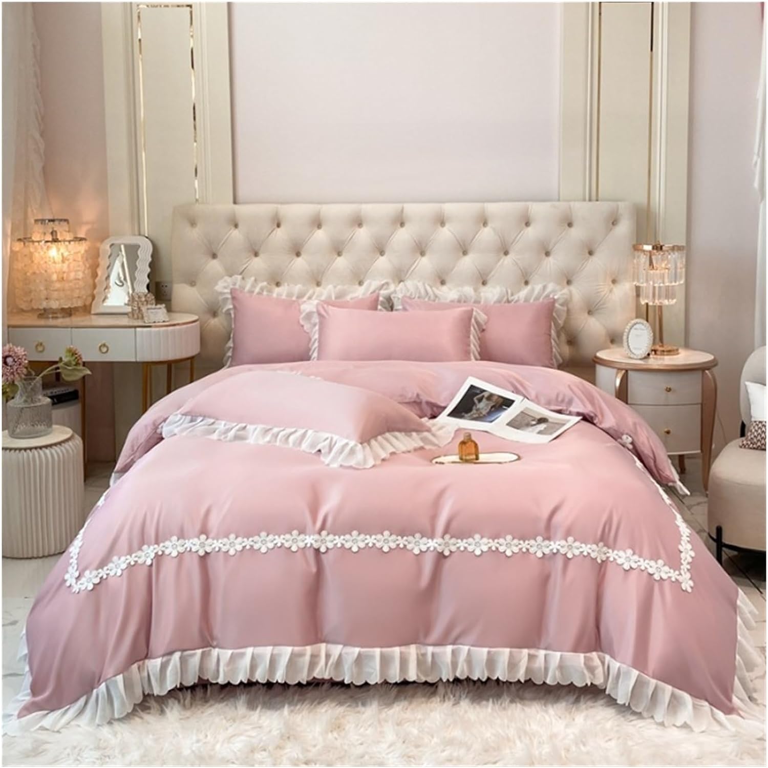 Luxury Cotton Satin Frilled Duvet Set With Lace - Pink - 99 Bedding Store