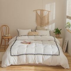 Luxury Cotton Satin Pom Fringe Duvet Cover Set- White With Black Pom Pom - 99 Bedding Store