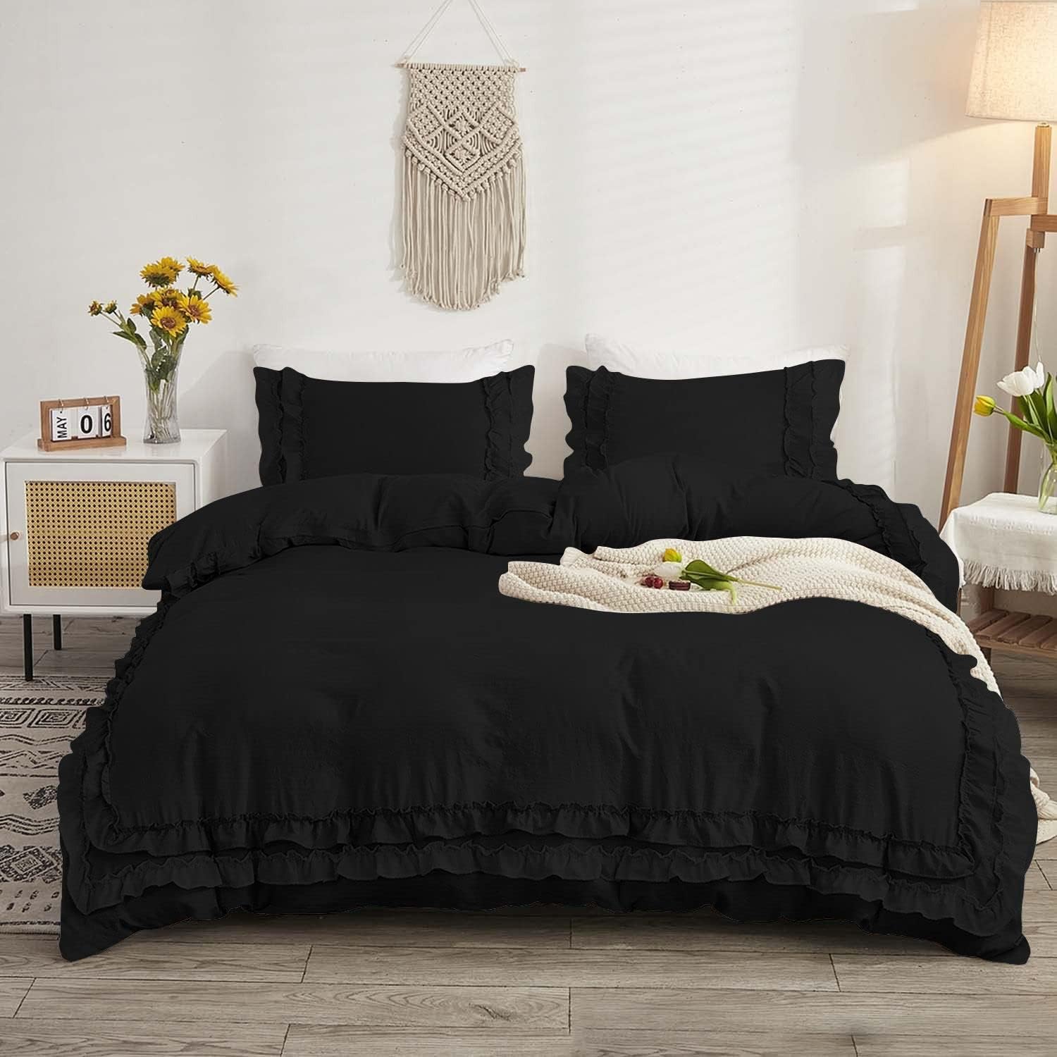 Luxury Cotton Frilled Duvet Set Black - 99 Bedding Store