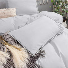 Luxury Cotton Satin Pom Fringe Duvet Cover Set - Silver - 99 Bedding Store