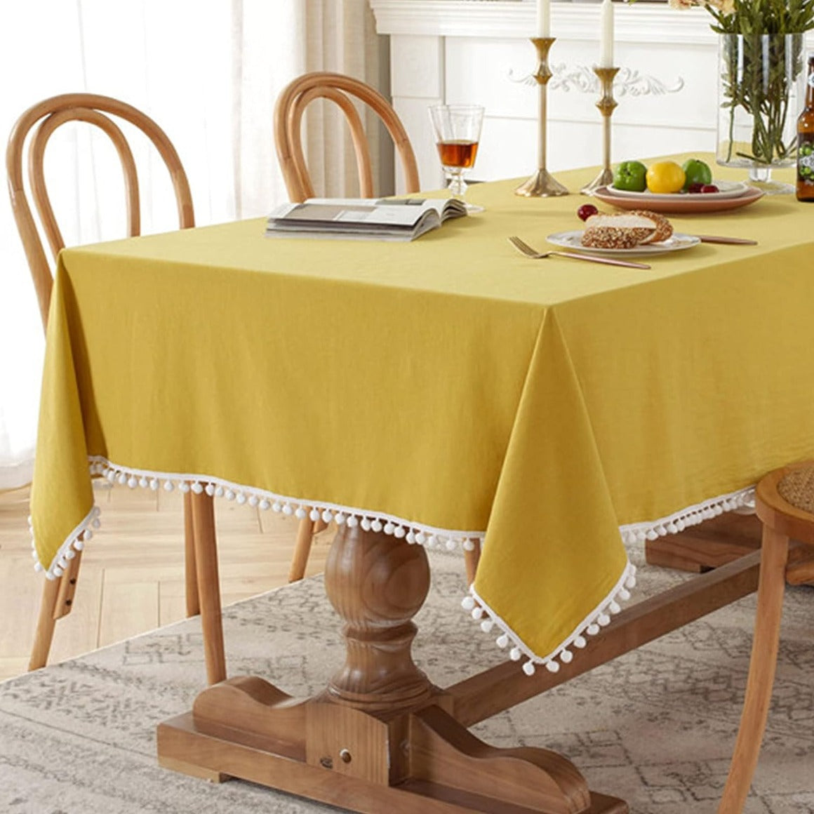 Decorative Tablecloth With Pompoms - Yellow - 99 Bedding Store