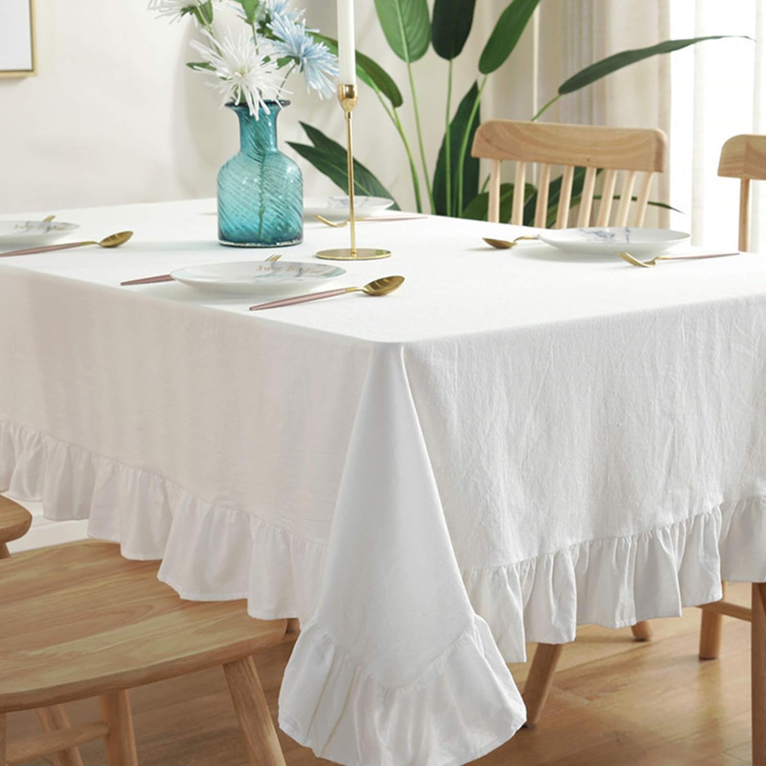 Decorative Cotton Tablecloth - White With Frilled Bordered