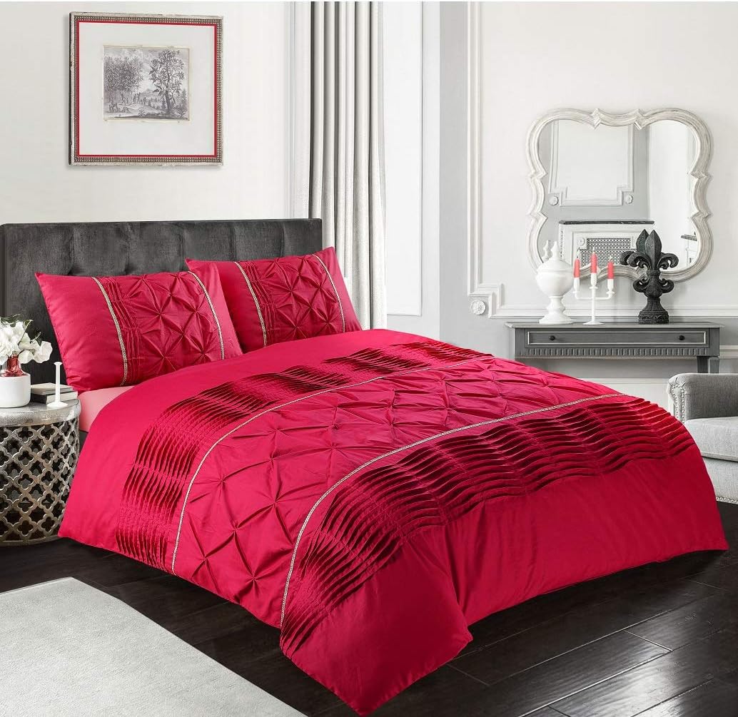 Luxury Cotton Satin Pintuck And Pleated Duvet Cover Set - Red - 99 Bedding Store