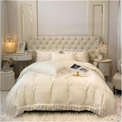 Luxury Cotton Satin Frilled Duvet Set With Lace - Creem - 99 Bedding Store