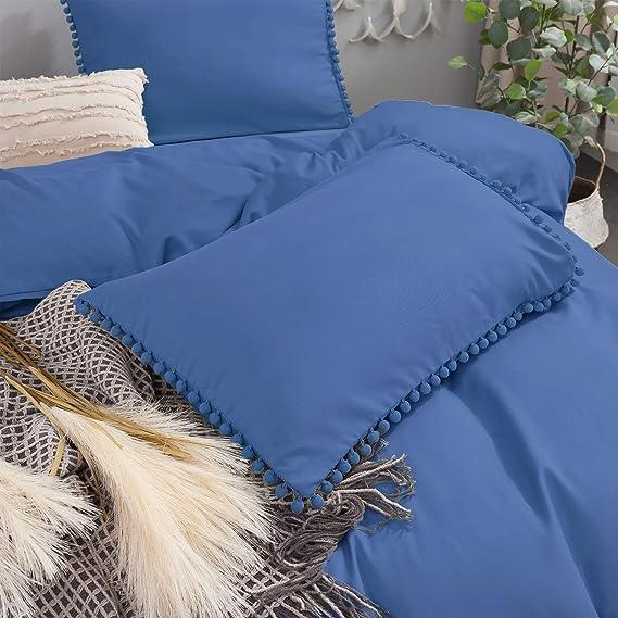 Luxury Cotton Satin Pom Fringe Duvet Cover Set - Blue - 99 Bedding Store