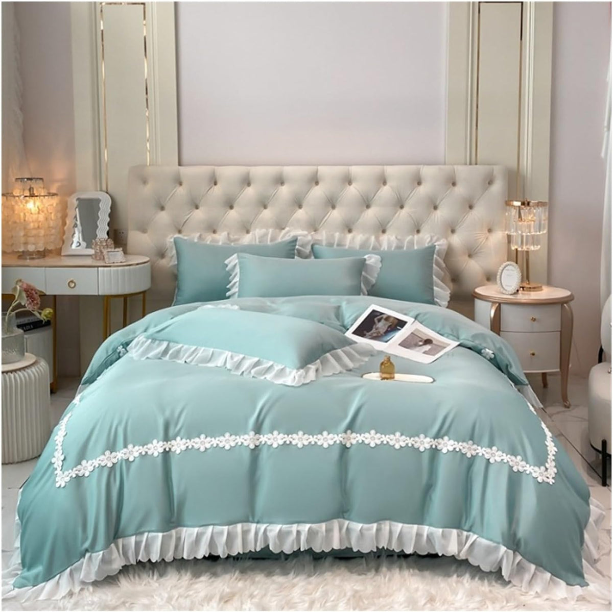 Luxury Cotton Satin Frilled Duvet Set With Lace - Bean Green - 99 Bedding Store