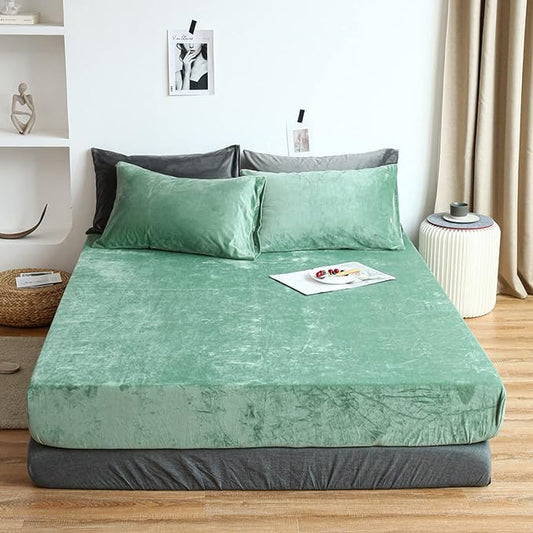 Velvet Fitted Sheet Set - Light Green - 99 Bedding Store