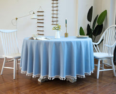 Cotton Satin Decorative Round Tablecloth With Tesals- Blue
