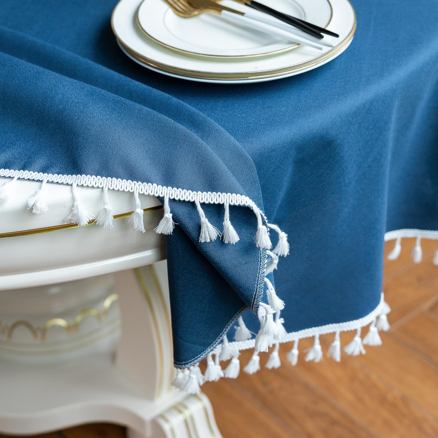Cotton Satin Decorative Round Tablecloth With Tesals- Dark Blue