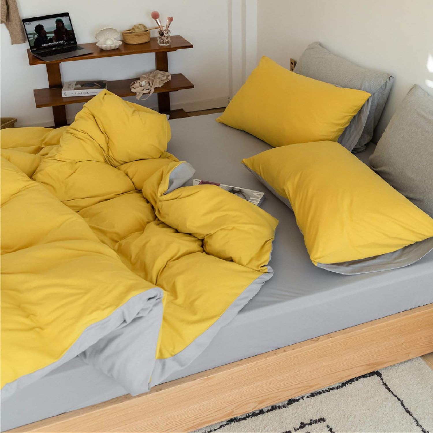 Plain Dyed Reversible Cotton Duvet Cover Set - Yellow & Grey - 99 Bedding Store