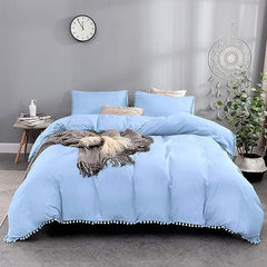 Luxury Cotton Satin Pom Fringe Duvet Cover Set-Sky Blue - 99 Bedding Store