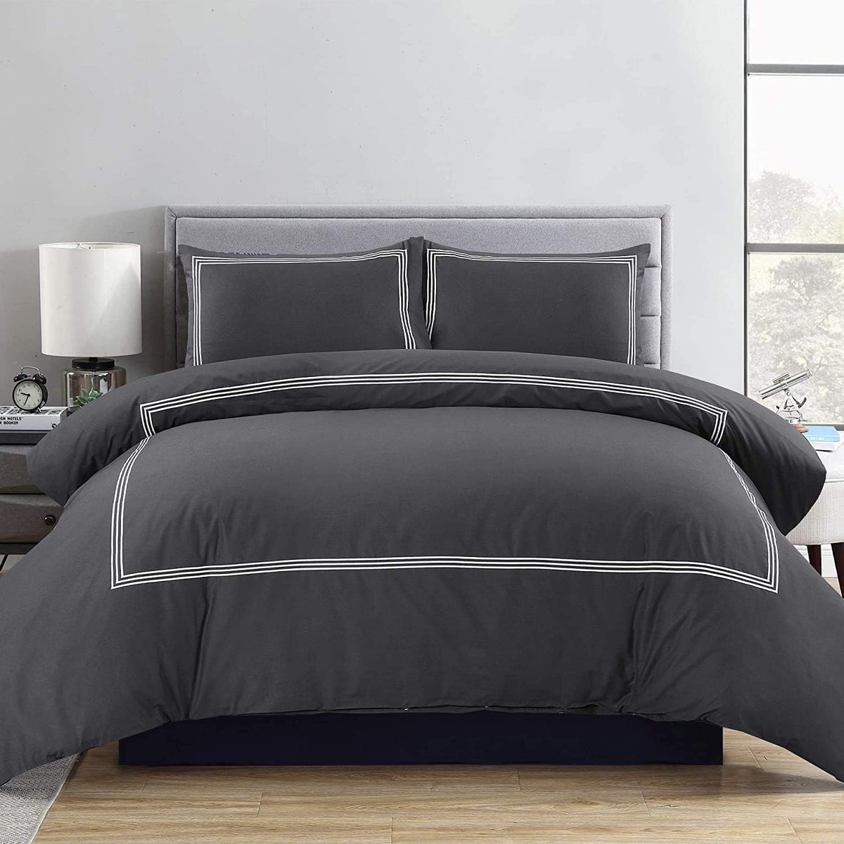 Luxury Cotton Satin Baratta Duvet Cover Set- Grey With White Baratta Stitch - 99 Bedding Store