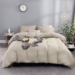 Luxury Cotton Satin Pom Fringe Duvet Cover Set-Beige - 99 Bedding Store