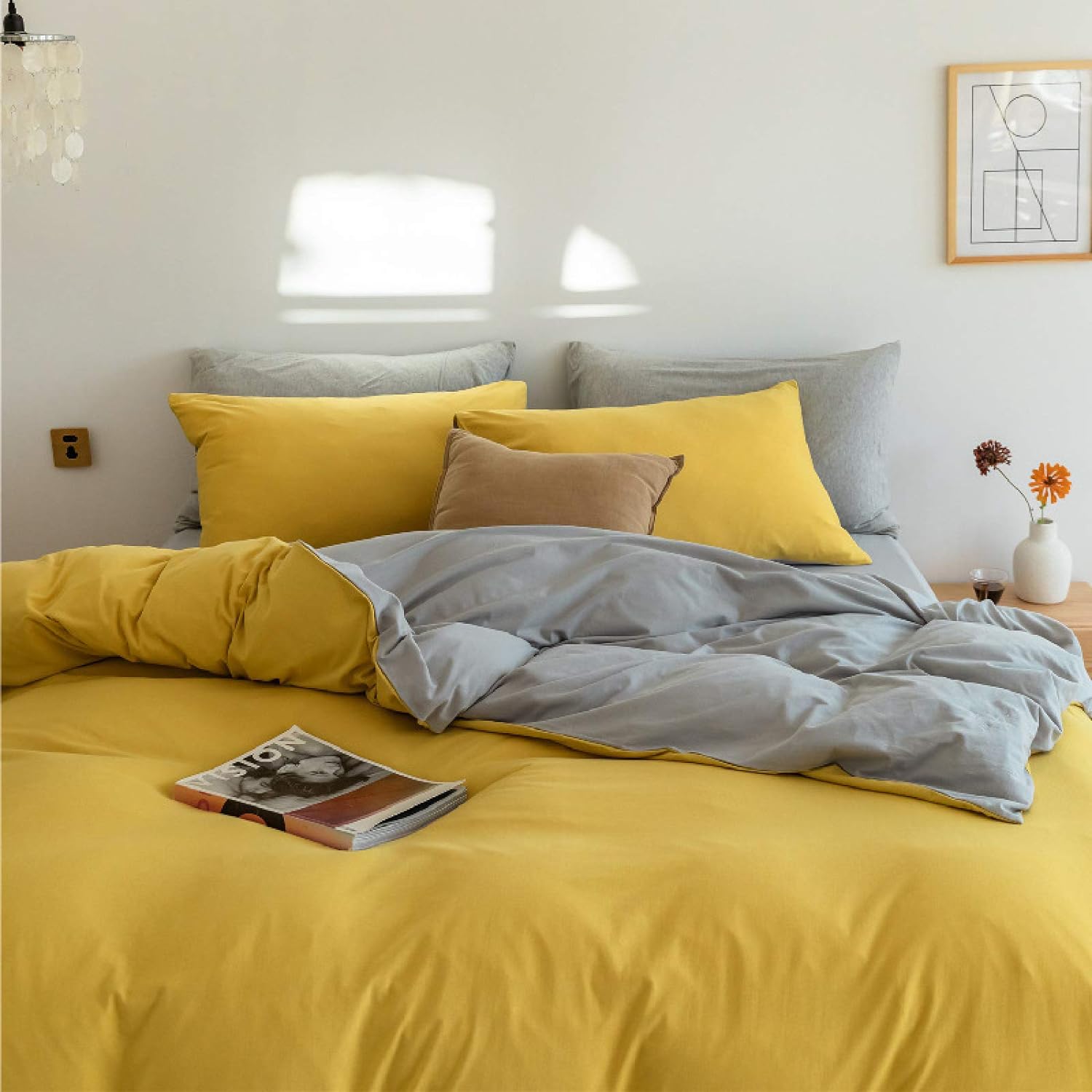 Plain Dyed Reversible Cotton Duvet Cover Set - Yellow & Grey - 99 Bedding Store