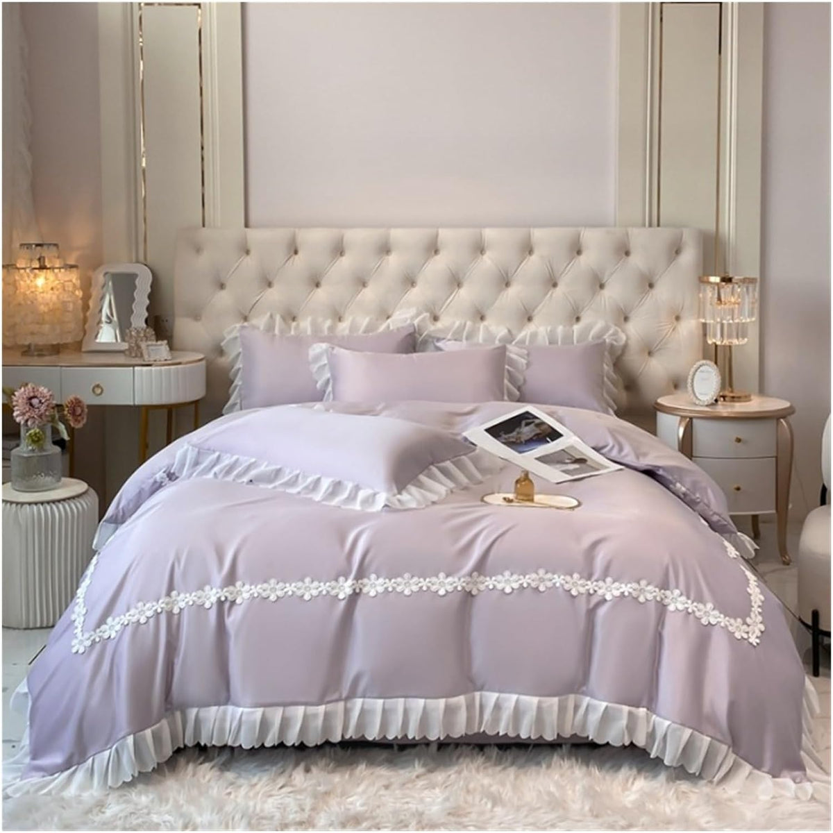 Luxury Cotton Satin Frilled Duvet Set With Lace - Lilac - 99 Bedding Store