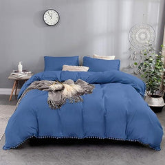 Luxury Cotton Satin Pom Fringe Duvet Cover Set - Blue - 99 Bedding Store