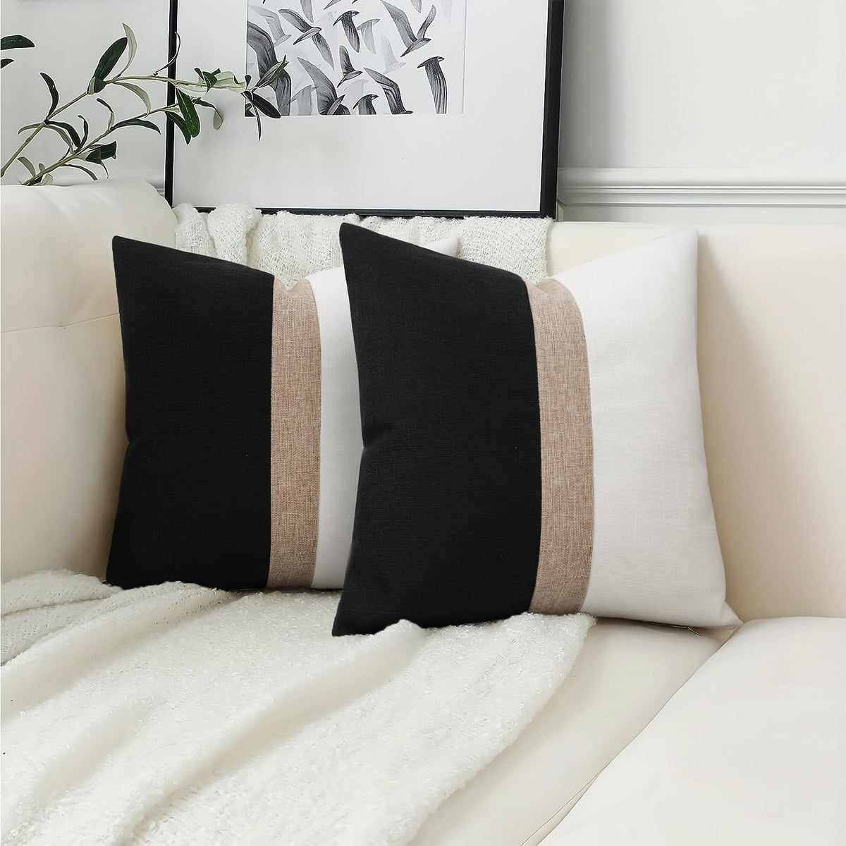 JASEN Beige Strip Black and White Decorative Jute Cushion Cover - 99 Bedding Store