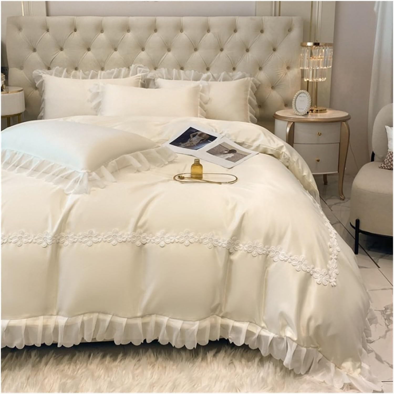 Luxury Cotton Satin Frilled Duvet Set With Lace - Creem - 99 Bedding Store