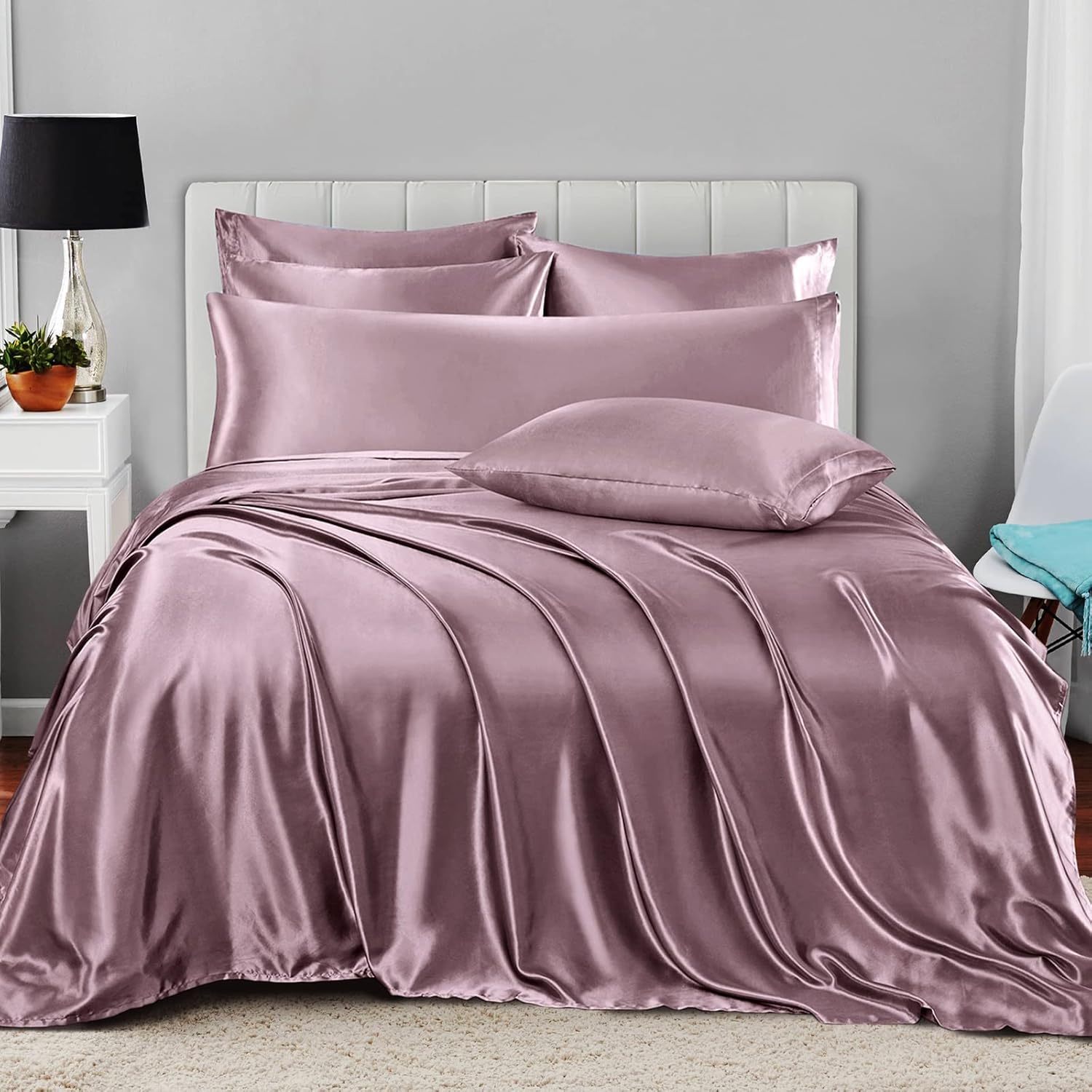 Luxury Cotton Satin 6 Pcs Flat Fitted sheet and Duvet Cover Set -