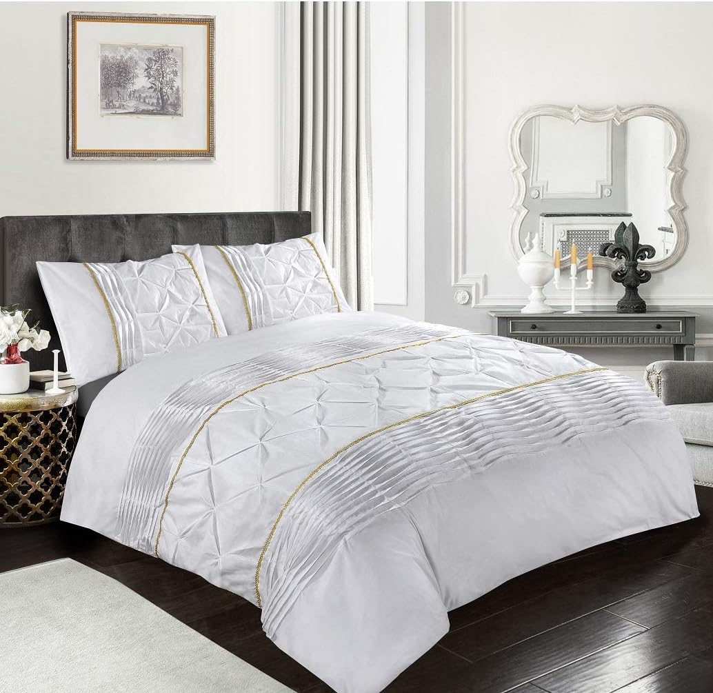 Luxury Cotton Satin Pintuck And Pleated Duvet Cover Set - White - 99 Bedding Store