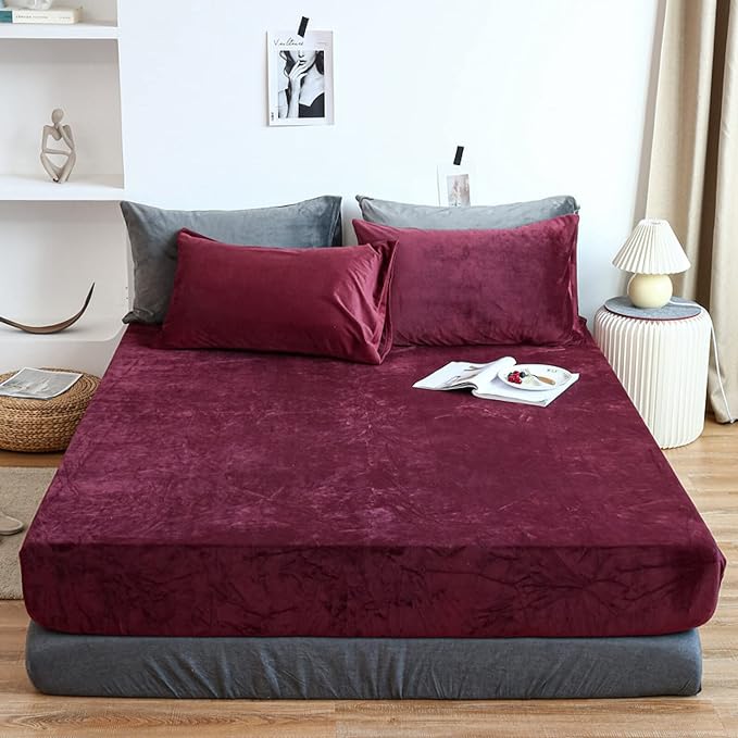 Velvet Fitted Sheet Set - Wine Red - 99 Bedding Store