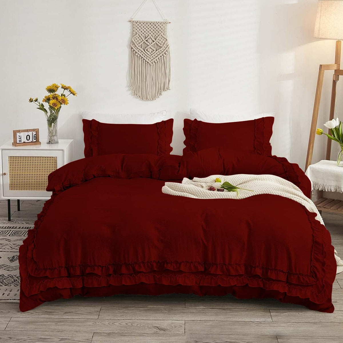 Luxury Cotton Frilled Duvet Set -Burgundy - 99 Bedding Store