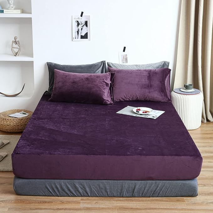 Velvet Fitted Sheet Set - Dark Purple - 99 Bedding Store