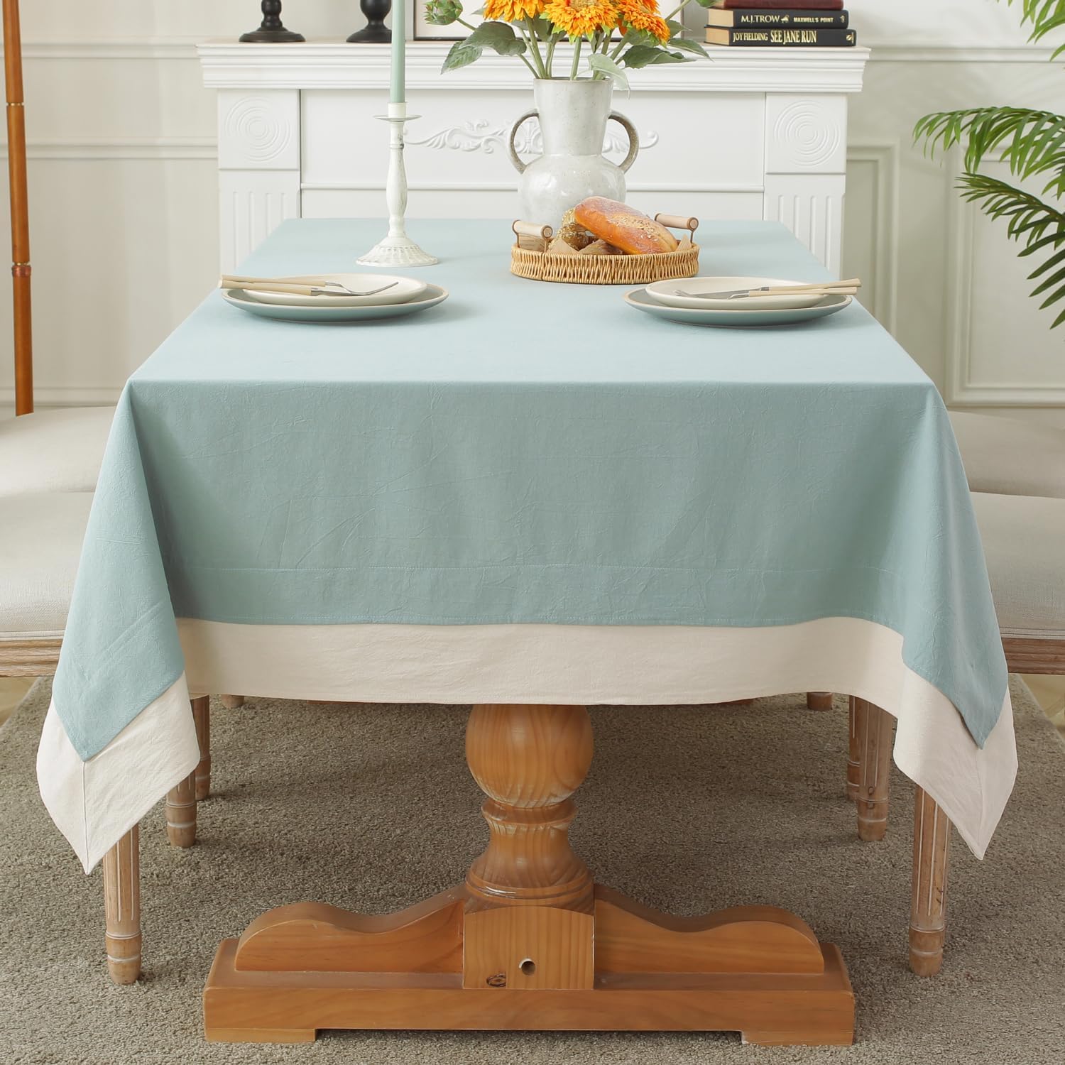 Decorative Tablecloth - Sea Blue With White Bordered - 99 Bedding Store