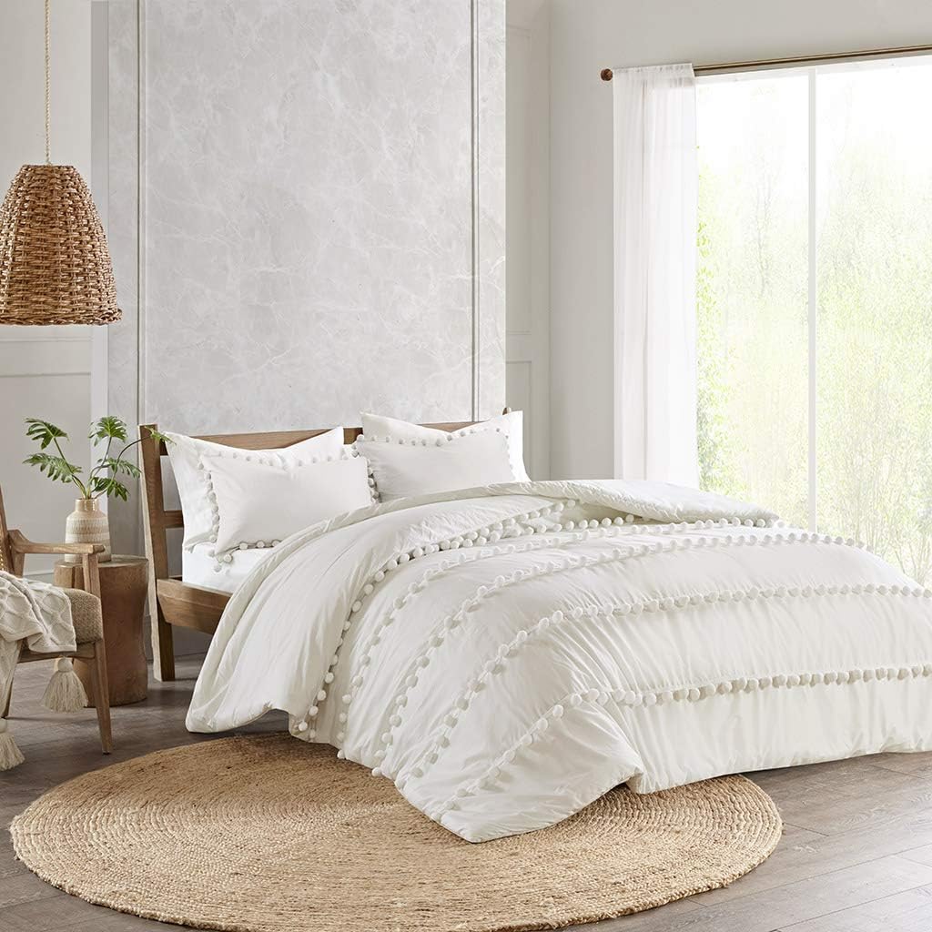 Luxury Cotton Satin Pom Fringe Duvet Cover Set- White And White - 99 Bedding Store