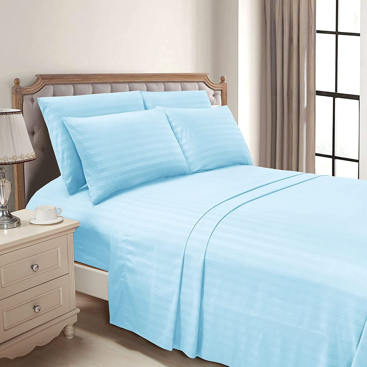 Luxury Strip Satin Bed sheet Set - Sky Blue - 99 Bedding Store