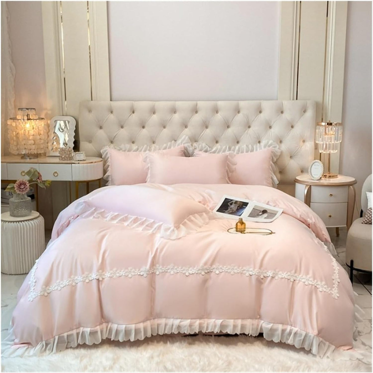 Luxury Cotton Satin Frilled Duvet Set With Lace - Light Pink - 99 Bedding Store