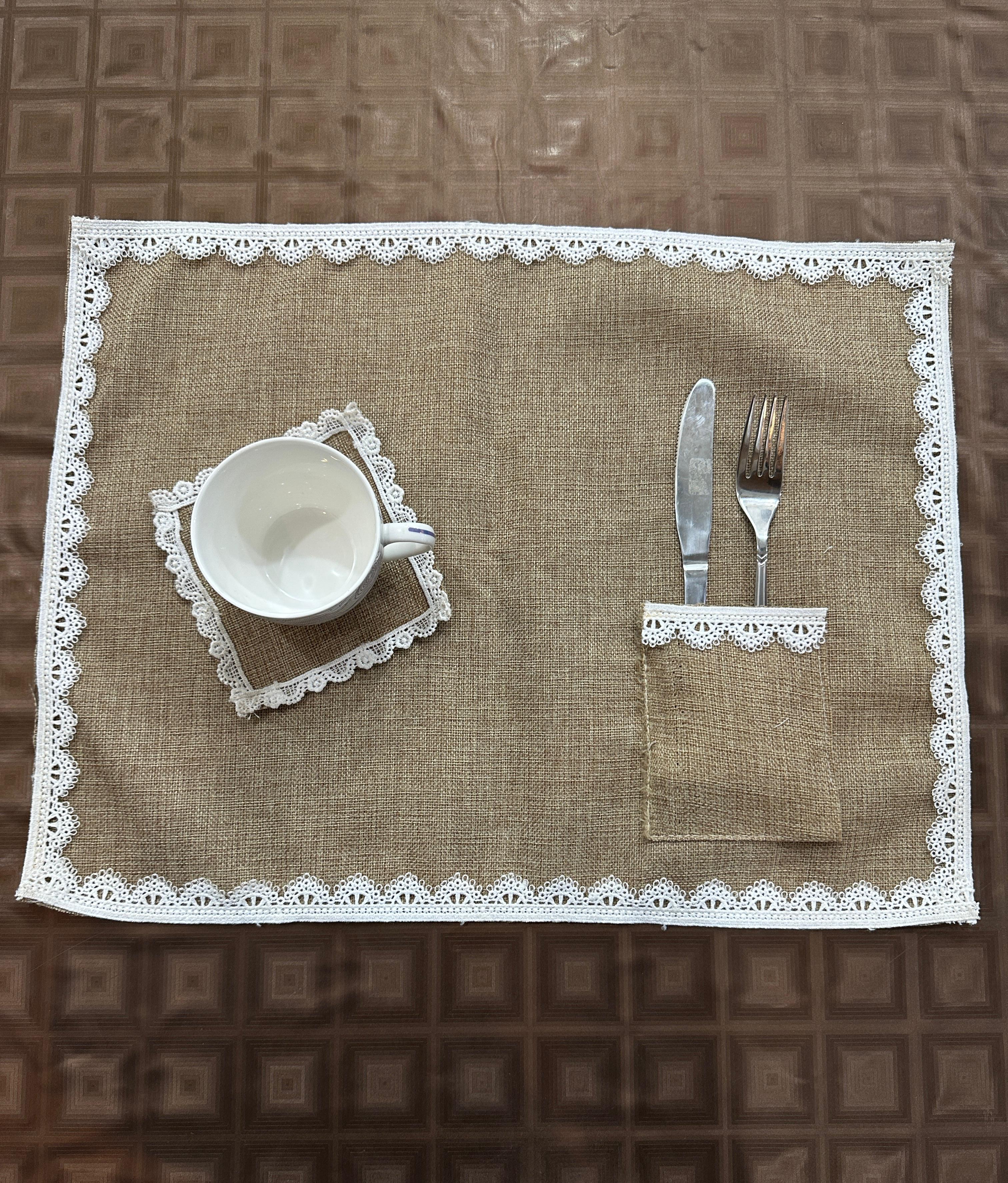Jute Tolley Mat Set With Cute Lace - Brown