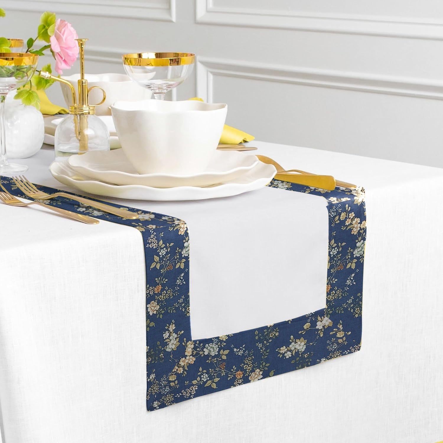 Cotton Dinning Set with Print Bordered- Night Garden Blue