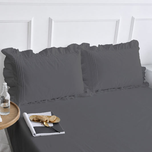 Cotton Fitted Sheet With Frilled Pillow Cover- Grey