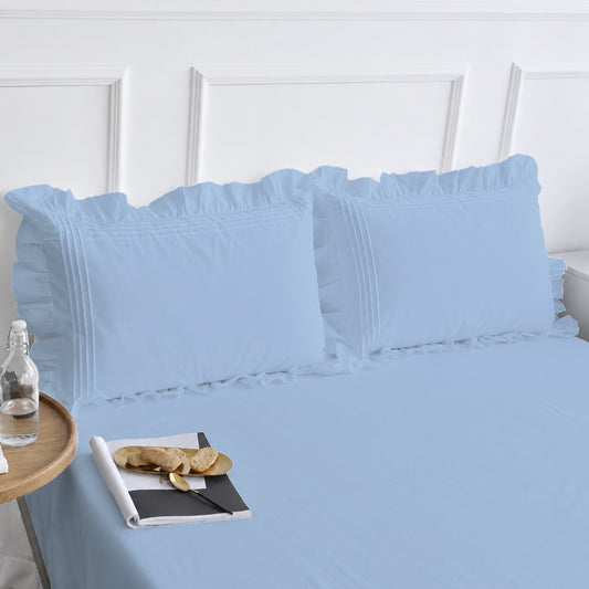 Cotton Fitted Sheet With Frilled Pillow Cover- Sky Blue