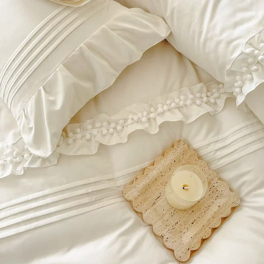Luxury Satin 400 Tc Ruffle With Pom Poms and Pleated Duvet Cover White