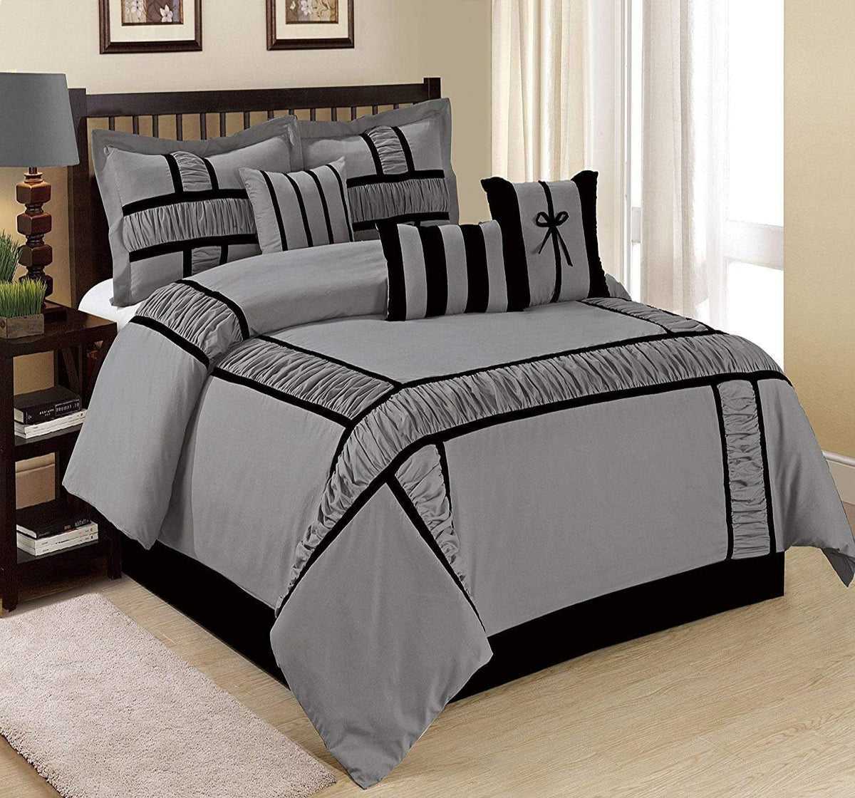 7 pcs Luxury Satin 400 Tc Ruffle and Patchwork Duvet Cover Silver Grey