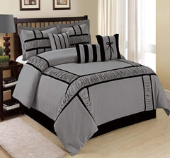 7 pcs Luxury Satin 400 Tc Ruffle and Patchwork Duvet Cover Silver Grey